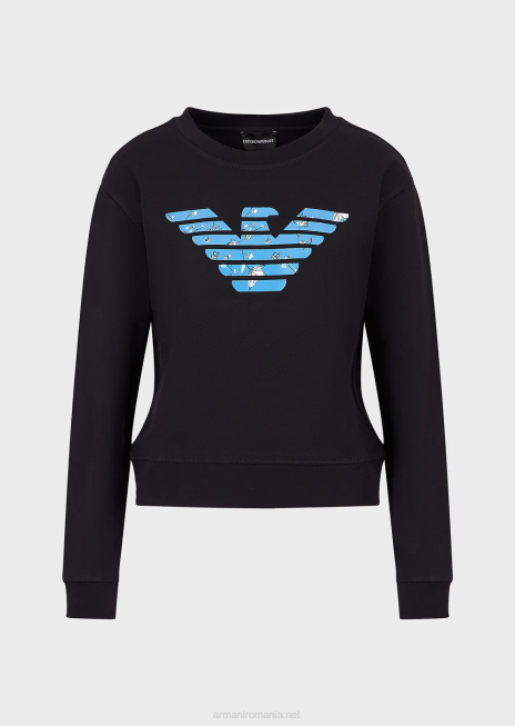 femei R802G419 Hanorac organic din țesătură franțuzească cu model de vultur supradimensionat Armani albastru marin