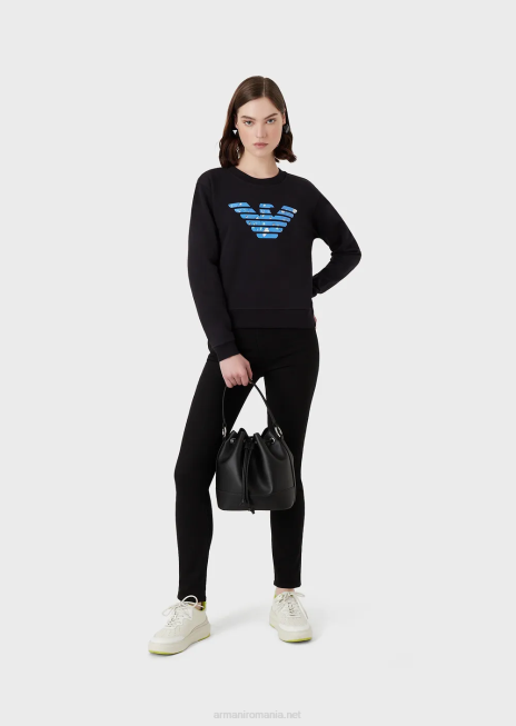 femei R802G419 Hanorac organic din țesătură franțuzească cu model de vultur supradimensionat Armani albastru marin