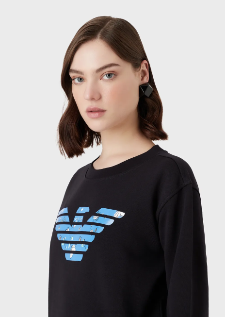 femei R802G419 Hanorac organic din țesătură franțuzească cu model de vultur supradimensionat Armani albastru marin