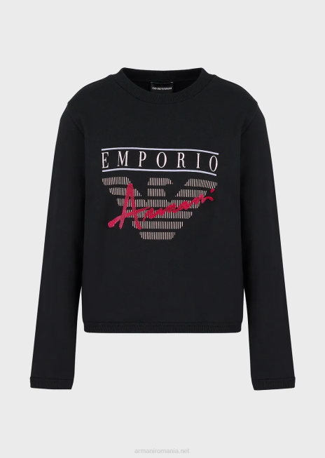 femei R802G420 Hanorac organic din țesătură franțuzească, cu inscripții din material în relief și imprimeu cu logo Armani negru