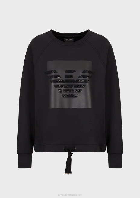 femei R802G421 hanorac din țesătură scuba cu vultur cu strasuri supradimensionate Armani negru