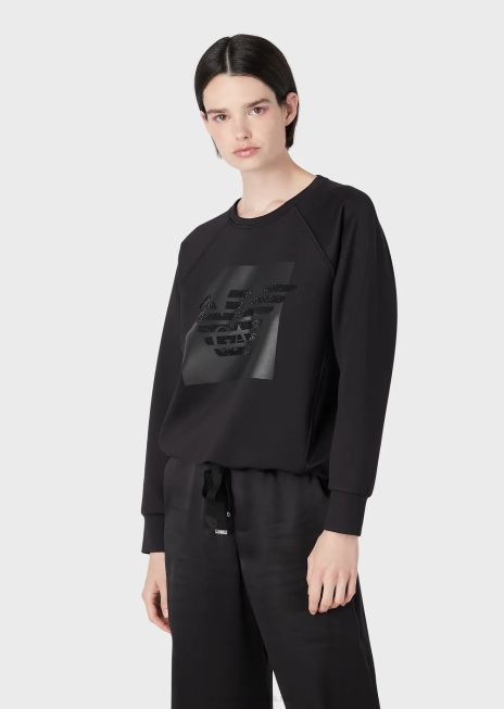 femei R802G421 hanorac din țesătură scuba cu vultur cu strasuri supradimensionate Armani negru