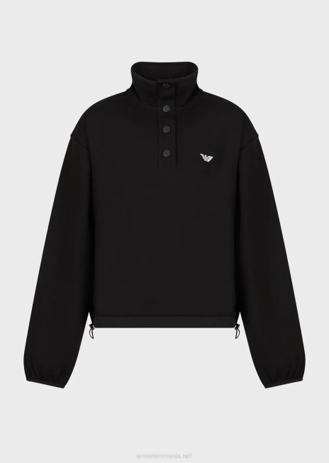 femei R802G422 hanorac cu gât fals din viscoză elastică interlock, cu detalii din nailon și șnur Armani negru