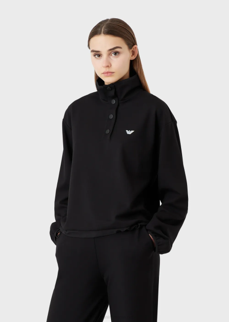 femei R802G422 hanorac cu gât fals din viscoză elastică interlock, cu detalii din nailon și șnur Armani negru
