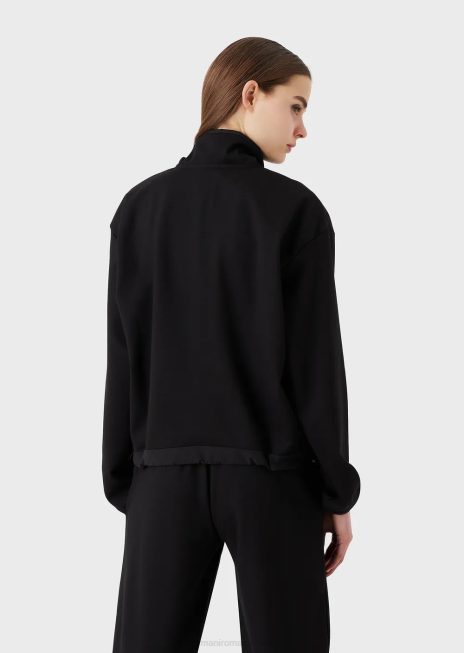 femei R802G422 hanorac cu gât fals din viscoză elastică interlock, cu detalii din nailon și șnur Armani negru