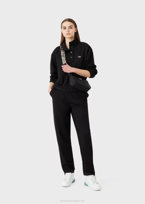 femei R802G422 hanorac cu gât fals din viscoză elastică interlock, cu detalii din nailon și șnur Armani negru