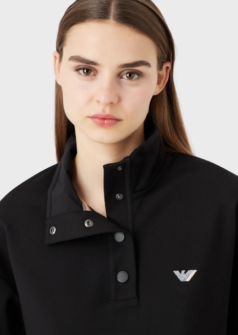 femei R802G422 hanorac cu gât fals din viscoză elastică interlock, cu detalii din nailon și șnur Armani negru