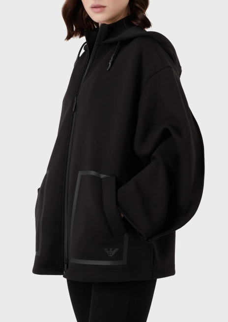 femei R802G240 Hanorac supradimensionat cu glugă, cu fermoar, din material de scuba Armani negru