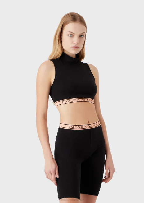 femei R802G173 Crop top emblematic din bumbac organic cu talie cu logo Armani negru