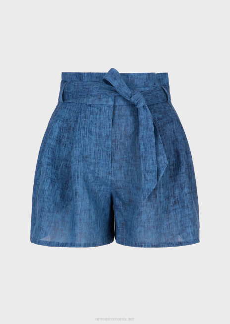 femei R802G262 Mare capsule colectie pantaloni scurți din in decolorat cu centuri cu fundita Armani albastru