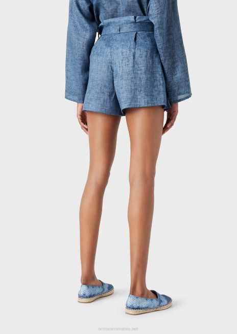 femei R802G262 Mare capsule colectie pantaloni scurți din in decolorat cu centuri cu fundita Armani albastru