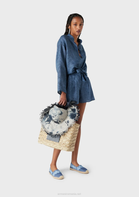 femei R802G262 Mare capsule colectie pantaloni scurți din in decolorat cu centuri cu fundita Armani albastru