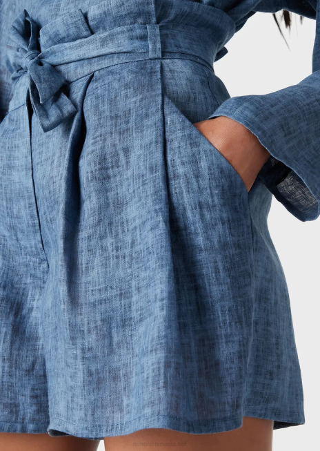 femei R802G262 Mare capsule colectie pantaloni scurți din in decolorat cu centuri cu fundita Armani albastru