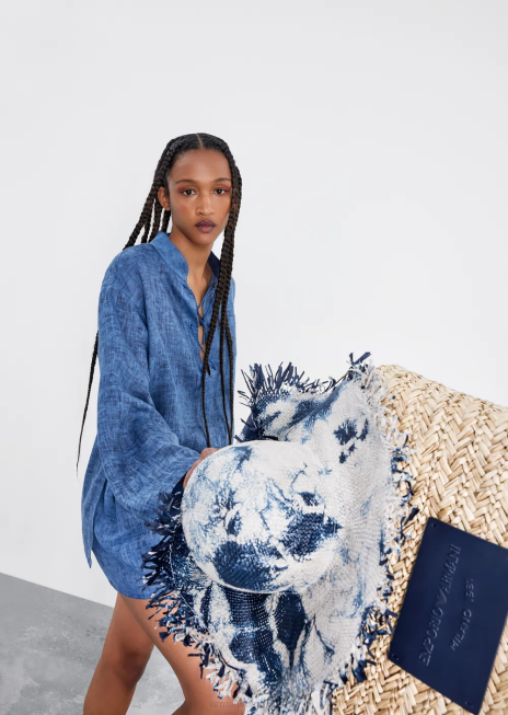 femei R802G262 Mare capsule colectie pantaloni scurți din in decolorat cu centuri cu fundita Armani albastru