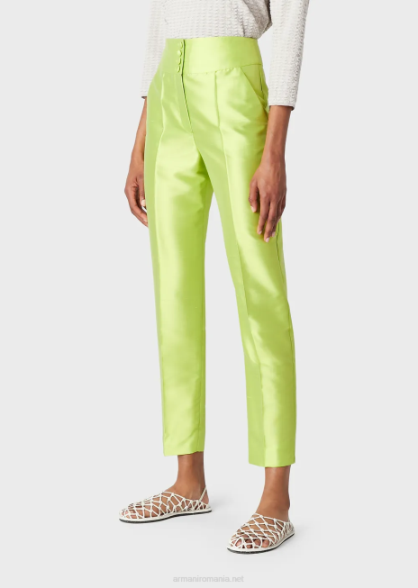 femei R802G272 pantaloni 7/8 cu talie înaltă într-un amestec shantung-mătase Armani verde lime