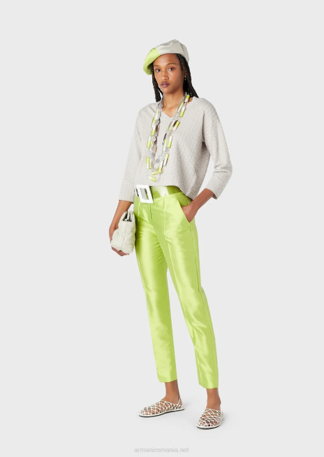 femei R802G272 pantaloni 7/8 cu talie înaltă într-un amestec shantung-mătase Armani verde lime