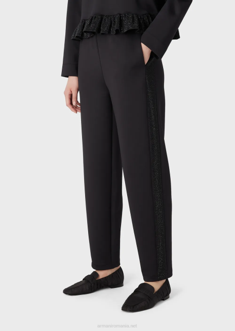 femei R802G288 pantaloni din stofă scuba cu bandă de strass Armani negru