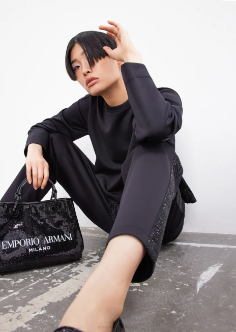 femei R802G288 pantaloni din stofă scuba cu bandă de strass Armani negru