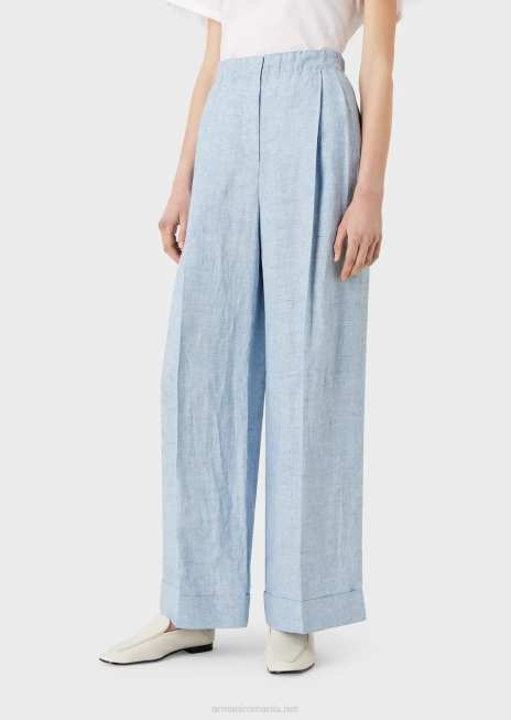 femei R802G295 pantaloni din in jaspe cu talie elastică și răsuci Armani azur