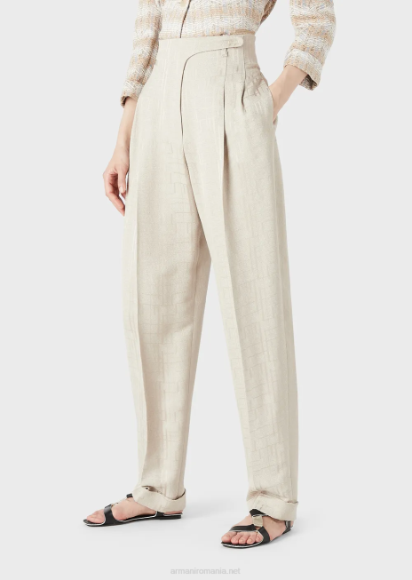 femei R802G299 pantaloni cu talie înaltă și răsuciți din viscoză armure cu model geometric strălucitor Armani bej