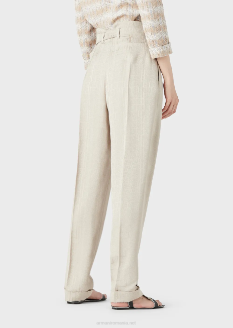 femei R802G299 pantaloni cu talie înaltă și răsuciți din viscoză armure cu model geometric strălucitor Armani bej
