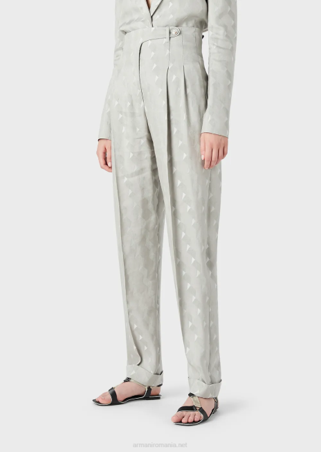 femei R802G300 pantaloni cu talie înaltă, cu răsuci, într-un jacquard fluid din amestec cupro și in, cu model geometric Armani gri