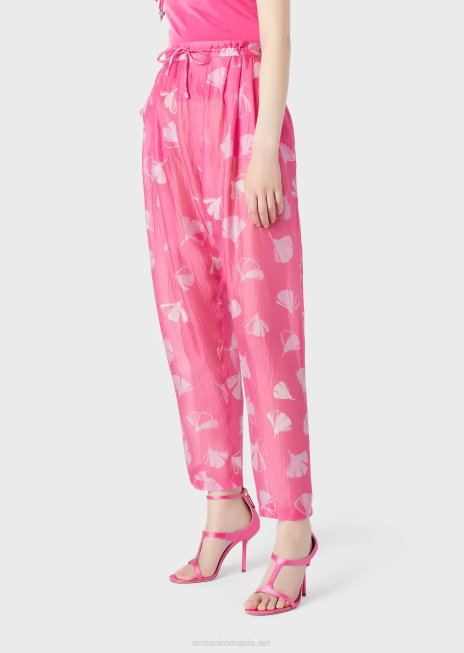 femei R802G302 Jodhpurs cu șnur cu șnur, într-un seersucker de mătase cu imprimeu ginkgo Armani model