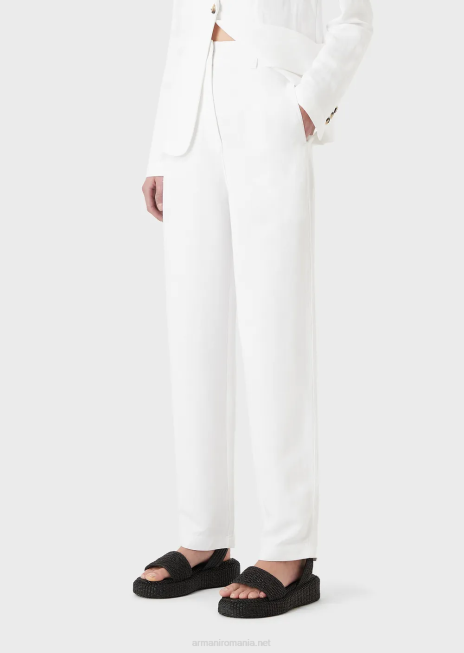 femei R802G317 pantaloni 7/8 cu talie înaltă într-un amestec de in cu efect shantung Armani alb