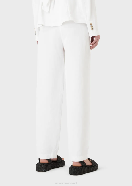 femei R802G317 pantaloni 7/8 cu talie înaltă într-un amestec de in cu efect shantung Armani alb