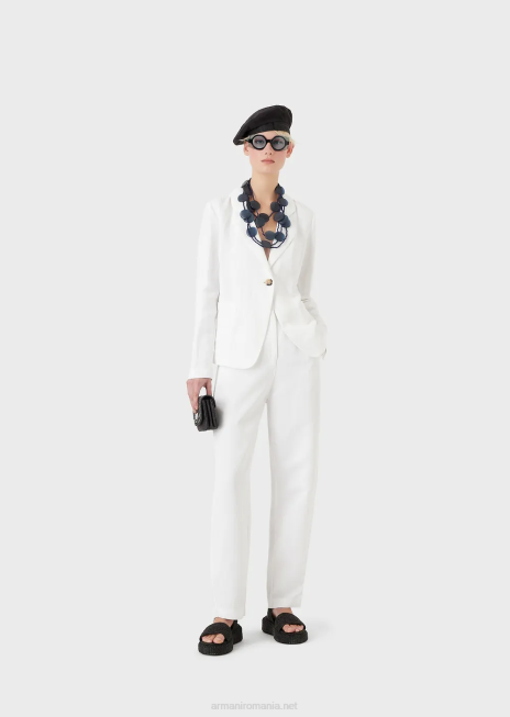 femei R802G317 pantaloni 7/8 cu talie înaltă într-un amestec de in cu efect shantung Armani alb