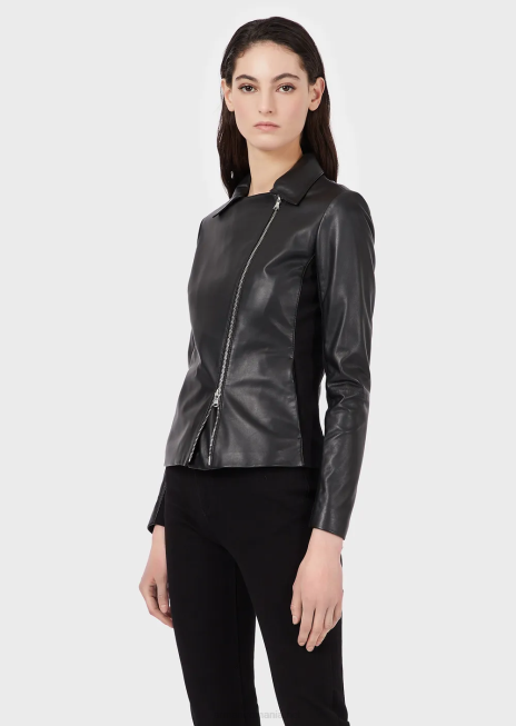 femei R802G232 geacă din piele de miel nappa cu inserții din jerseu Armani negru