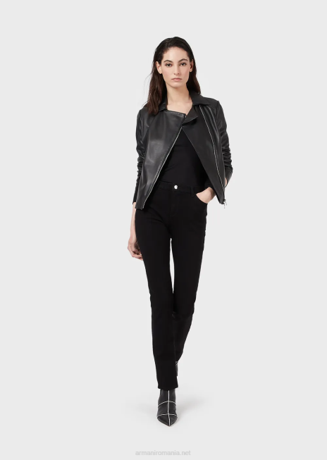 femei R802G232 geacă din piele de miel nappa cu inserții din jerseu Armani negru