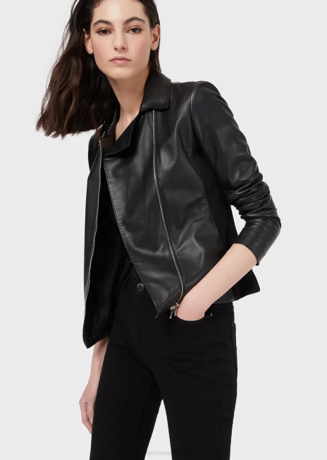 femei R802G232 geacă din piele de miel nappa cu inserții din jerseu Armani negru