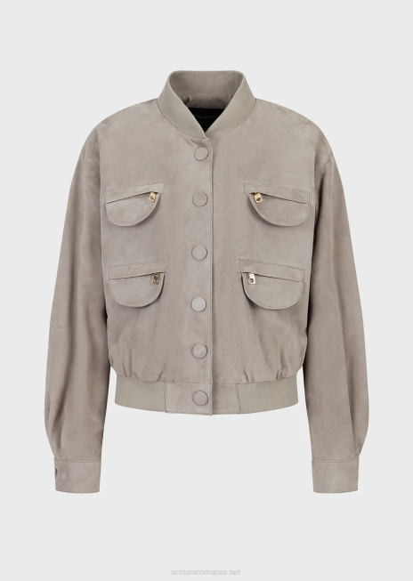 femei R802G234 geacă cu buzunare multiple din piele de capră Armani gri porumbel
