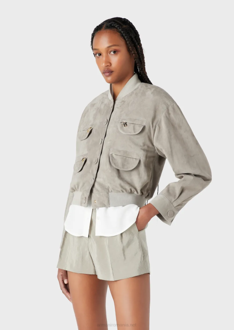 femei R802G234 geacă cu buzunare multiple din piele de capră Armani gri porumbel