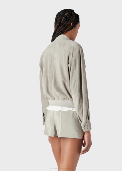 femei R802G234 geacă cu buzunare multiple din piele de capră Armani gri porumbel