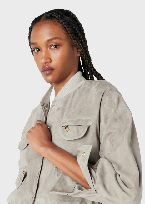 femei R802G234 geacă cu buzunare multiple din piele de capră Armani gri porumbel