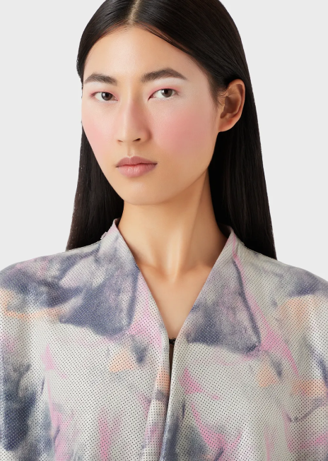 femei R802G235 geaca din piele intoarsa de capra cu micro perforatii si imprimeu acuarela Armani multicolor