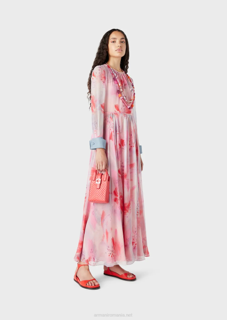 femei R802G115 rochie lunga din sifon de matase cu imprimeu floral, cu mansete Armani
