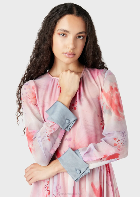 femei R802G115 rochie lunga din sifon de matase cu imprimeu floral, cu mansete Armani