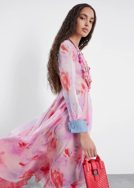 femei R802G115 rochie lunga din sifon de matase cu imprimeu floral, cu mansete Armani