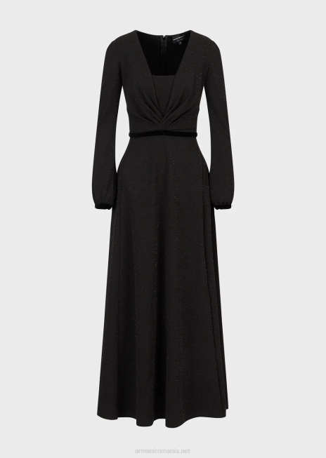 femei R802G116 Rochie midi cu decolteu în V cu detaliu plisat din material lurex Armani negru