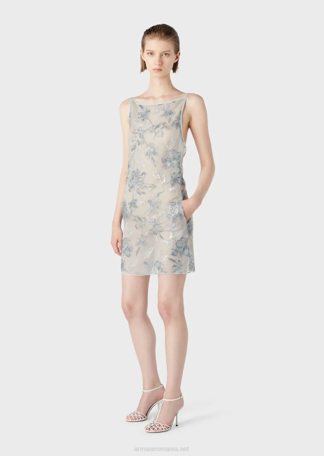 femei R802G123 Rochie teaca din tul cu broderie florala si paiete irizate Armani flori