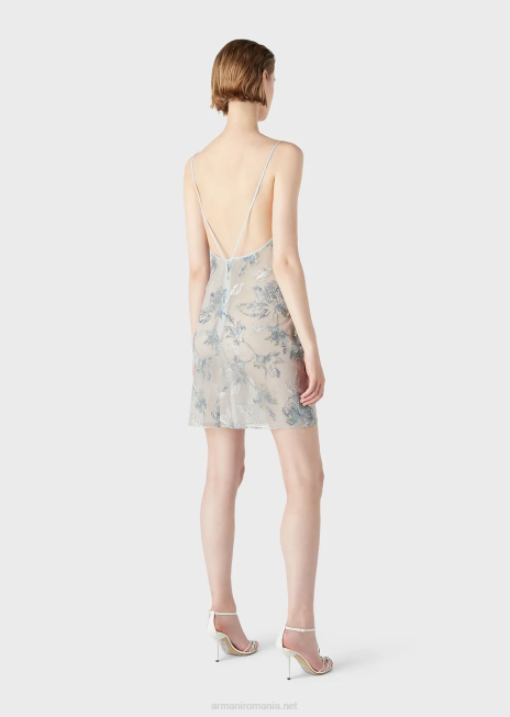 femei R802G123 Rochie teaca din tul cu broderie florala si paiete irizate Armani flori