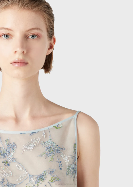 femei R802G123 Rochie teaca din tul cu broderie florala si paiete irizate Armani flori