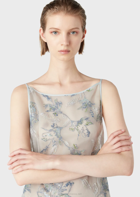 femei R802G123 Rochie teaca din tul cu broderie florala si paiete irizate Armani flori