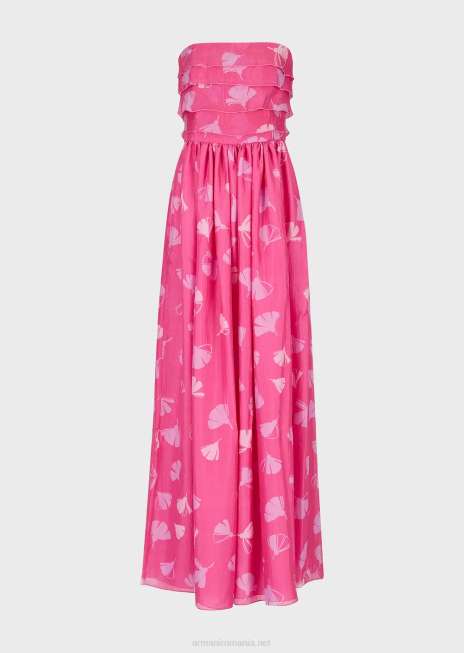 femei R802G125 rochie lungă cu corset cu voluri din seersucker de mătase cu imprimeu ginkgo Armani flori