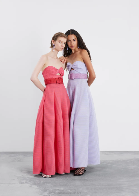 femei R802G128 rochie lungă din țesătură striată cu nervuri, cu decolteu inimă Armani lilla