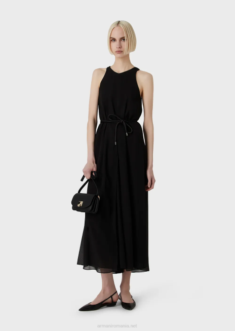 femei R802G73 rochie crepon lungă fără mâneci, cu fante laterale Armani negru