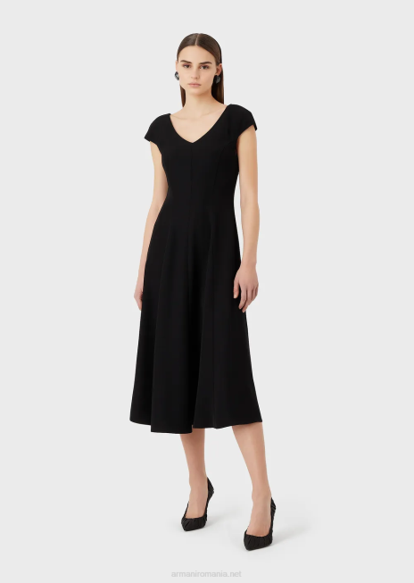 femei R802G76 Rochie midi techno-cady evazată cu decolteu în V Armani negru